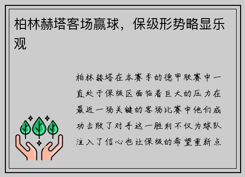 柏林赫塔客场赢球，保级形势略显乐观