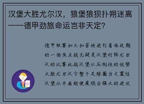 汉堡大胜尤尔汉，狼堡狼狈扑朔迷离——德甲劲旅命运岂非天定？