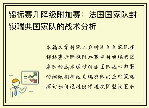 锦标赛升降级附加赛：法国国家队封锁瑞典国家队的战术分析
